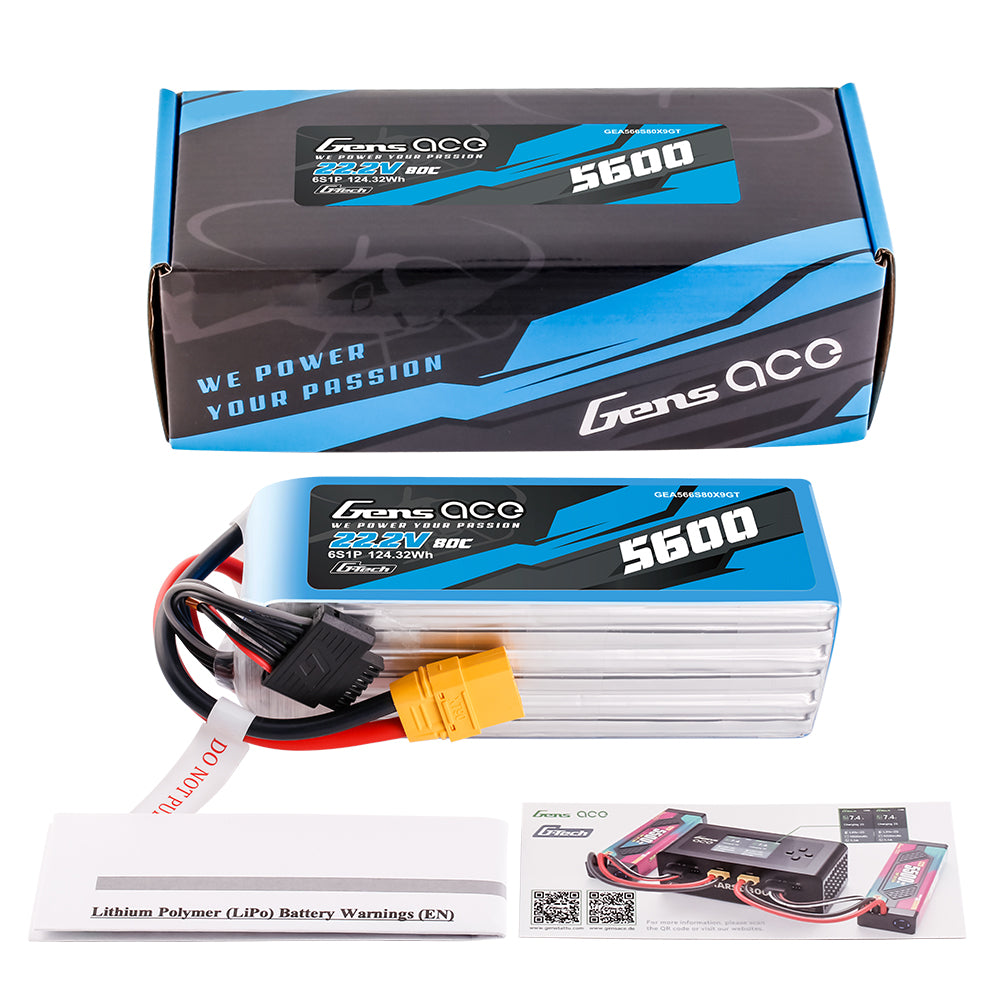 Gens Ace G-Tech 5600mAh 22.2V 80C 6S1P XT90 LIPO Battery Pack