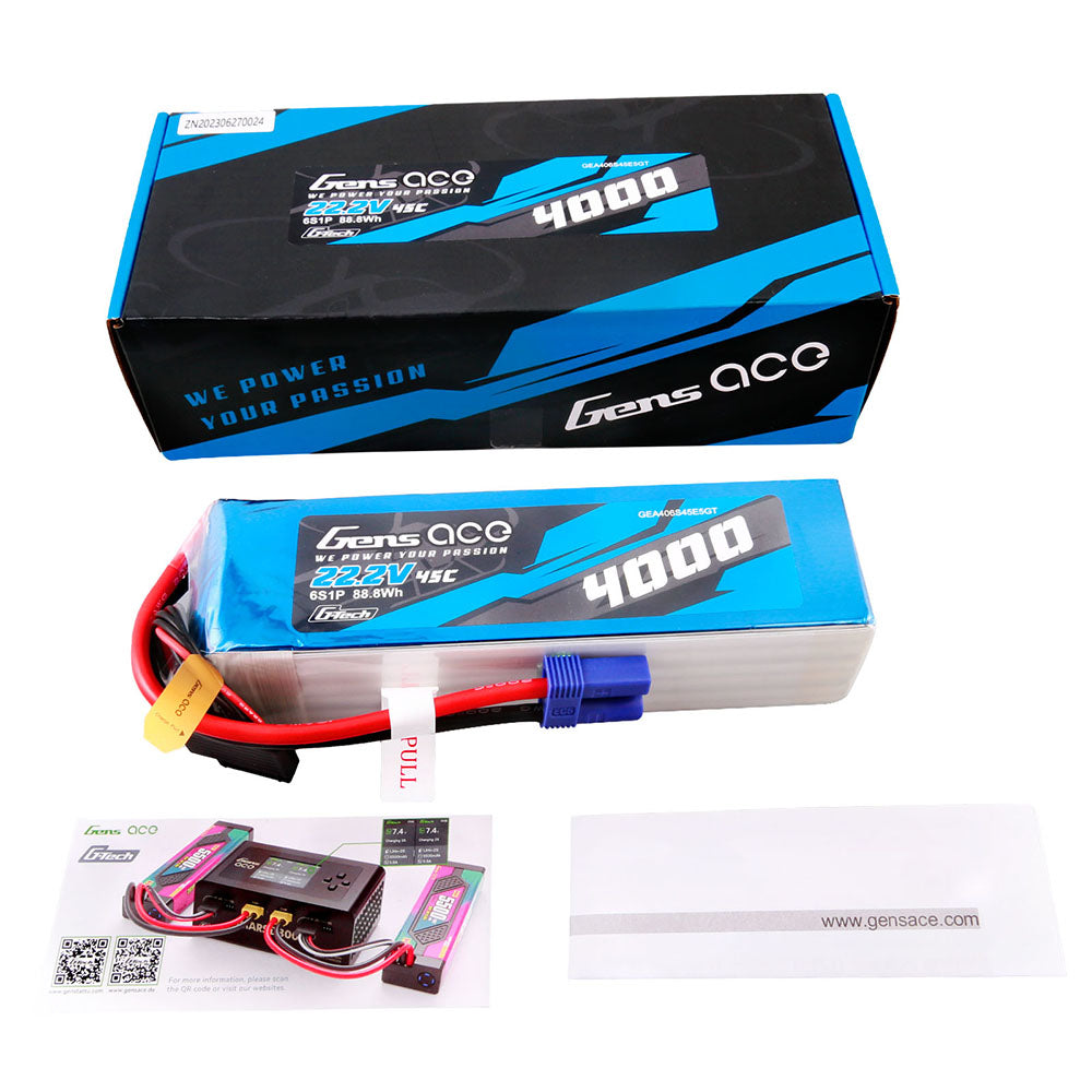 Gens ace G-Tech 4000mAh 22.2V 45C 6S1P Lipo Battery Pack with EC5 plug