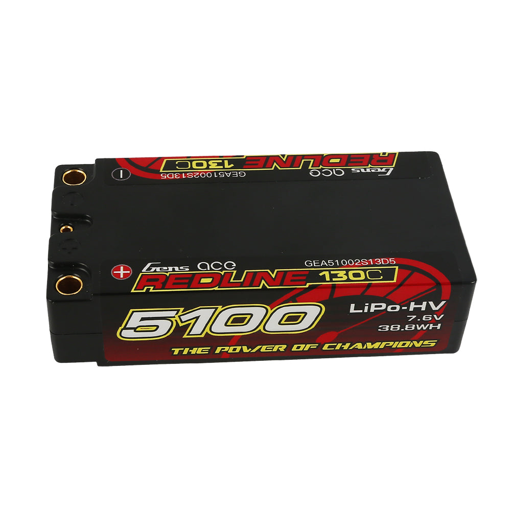 Gens ace Redline 1.0 5100mAh 2S2P 7.6V 130C HardCase 64# HV Lipo Battery