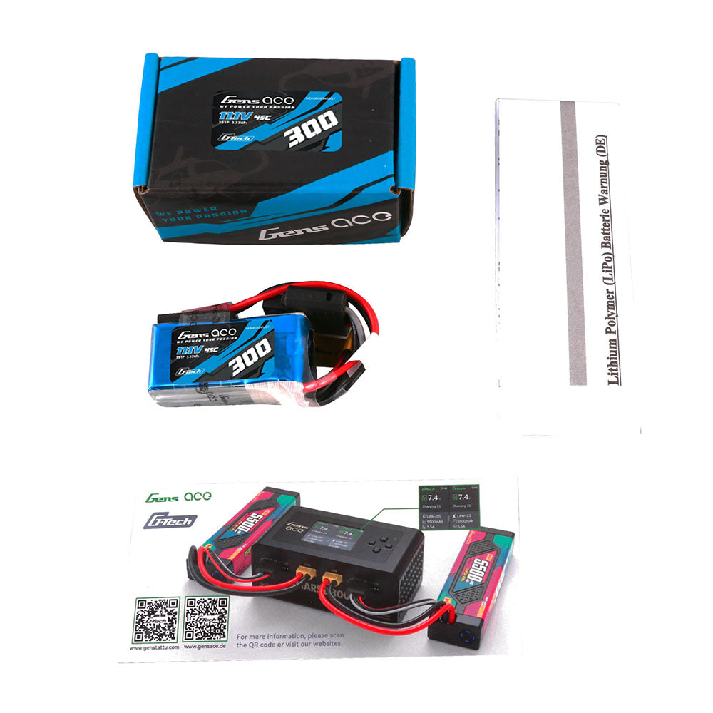 Gens ace G-Tech 300mAh 11.1V 45C 3S1P Lipo Battery Pack with JST-SYP Plug