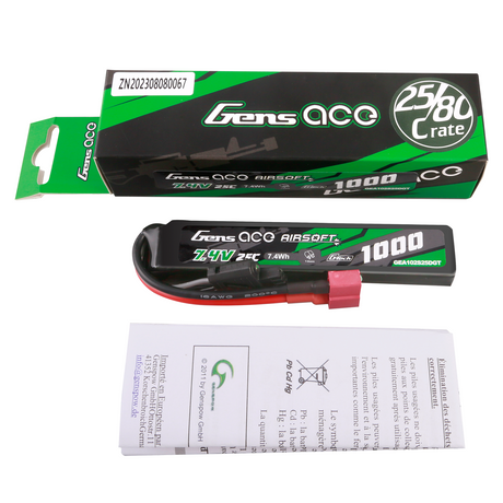 Gens ace G-Tech 25C 1000mAh 2S1P 7.4V Airsoft Gun Lipo Battery with T Plug