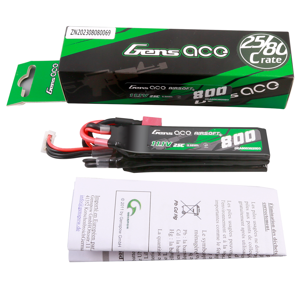 Gens ace 25C 800mAh 3S1P 11.1V NUNCHUCK 3X Airsoft Gun Lipo Battery with Deans(T) Plug