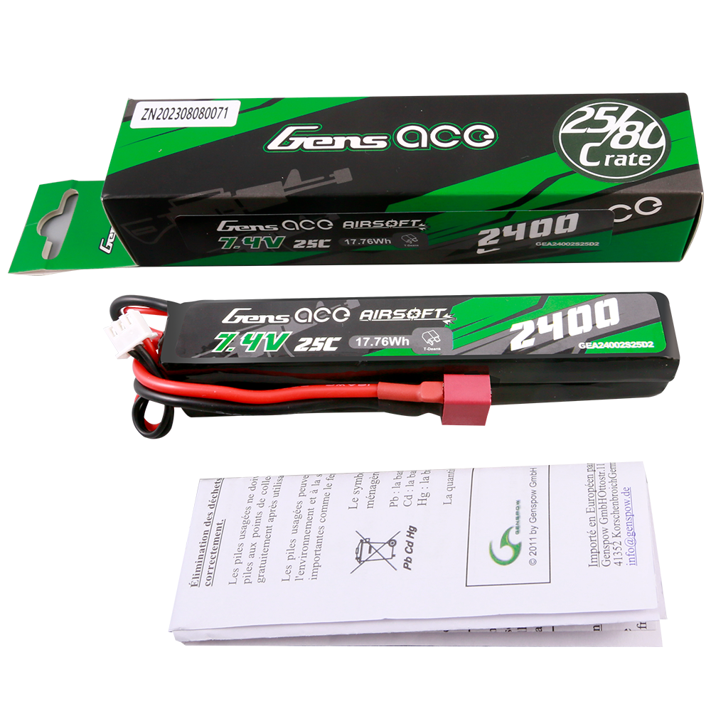 Gens ace 25C 2400mAh 2S2P 7.4V Saddle Airsoft Gun Lipo Battery with Mini Deans(T) Plug