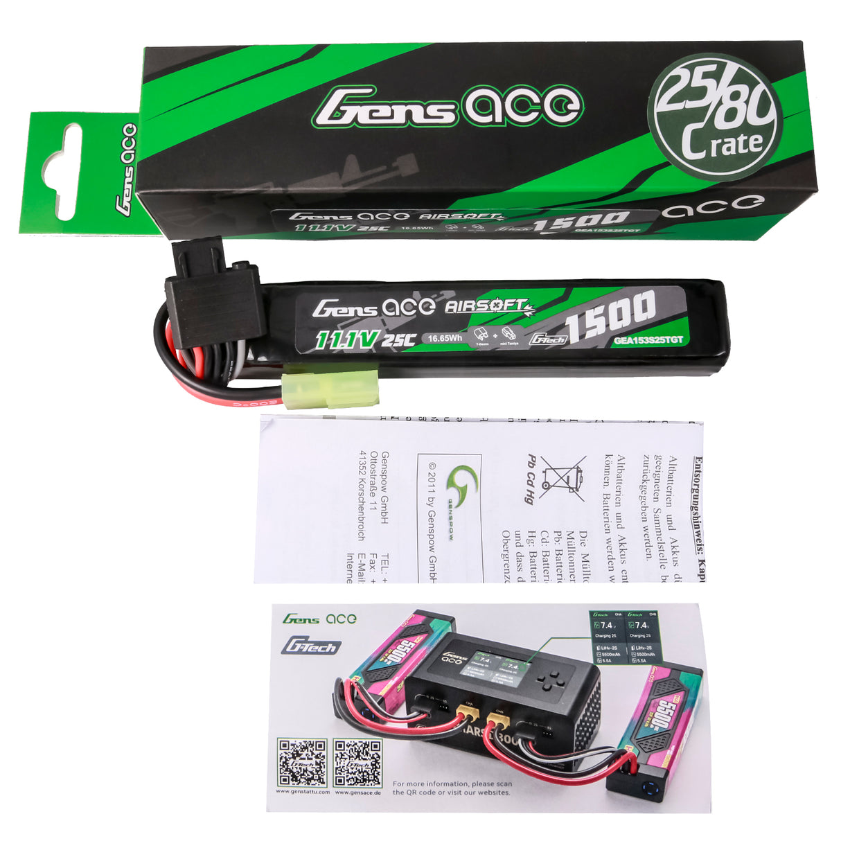 Gens ace G-Tech 25C 1500mAh 3S1P 11.1V Airsoft Gun Lipo Battery with Tamiya