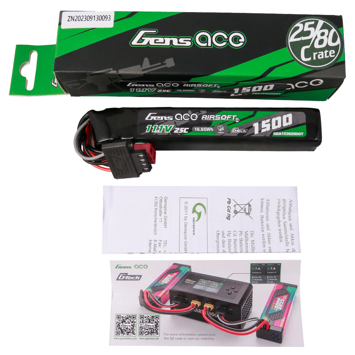 Gens ace G-Tech 25C 1500mAh 3S1P 11.1V Airsoft Gun Lipo Battery with T Plug