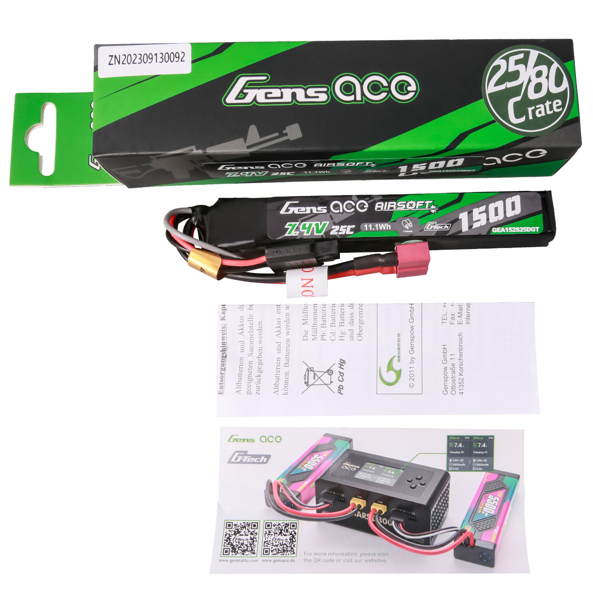 Gens ace G-Tech 25C 1500mAh 2S1P 7.4V Airsoft Gun Lipo Battery with T Plug