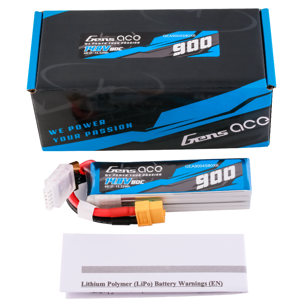 Gens Ace 900mAh 14.8V 80C 4S1P Lipo Battery Pack with XT60 plug