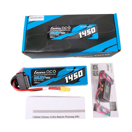 Gens Ace G-Tech 1450mAh 22.2V 45C 6S1P Lipo Battery Pack with XT60 Plug