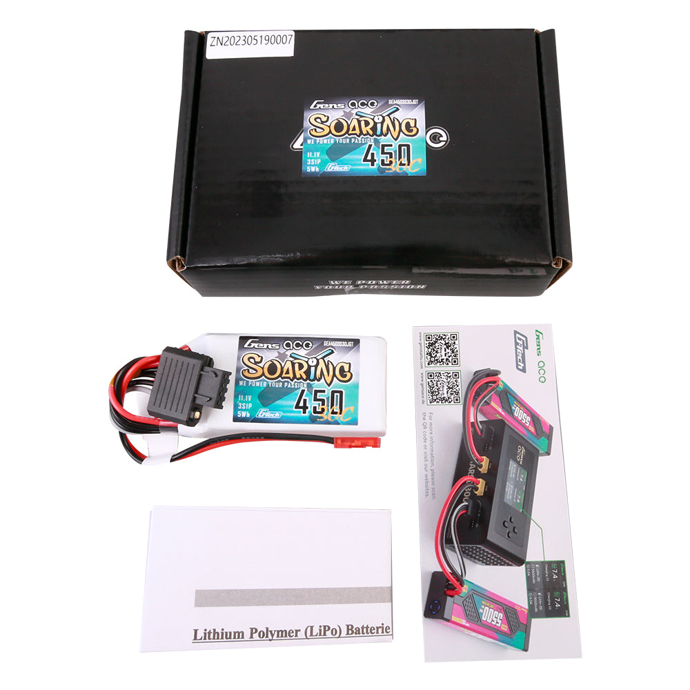 Gens ace G-Tech Soaring 450mAh 11.1V 30C 3S1P Lipo Battery Pack with JST-SYP Plug