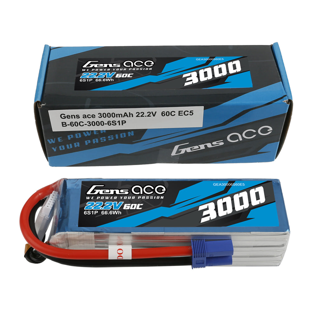 Gens ace 3000mAh 22.2V 60C 6S1P Lipo Battery Pack with EC5 plug