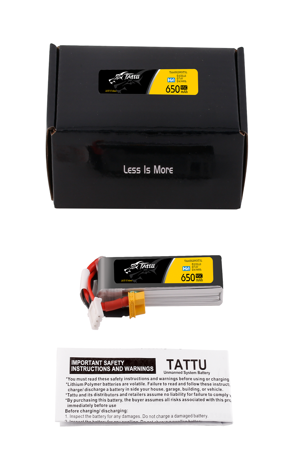 Tattu 2s 650mAh 95C 7.6V HV Lipo Battery with XT30 Long-Pack